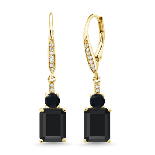 Gemstone Birthstone and Black Onyx Dangle Earrings for Women | 18K Yellow Gold Plated Silver | Emerald Cut 9X7MM with 4MM Round Accent | Elegant Drop Design | Gift for Her Wife Mom