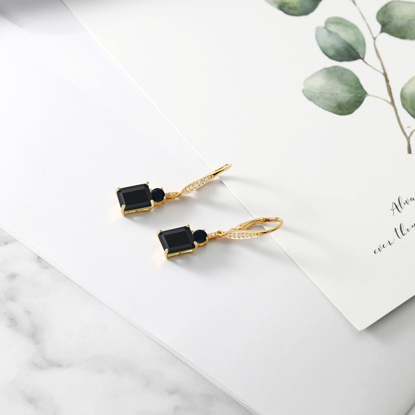 Gemstone Birthstone and Black Onyx Dangle Earrings for Women | 18K Yellow Gold Plated Silver | Emerald Cut 9X7MM with 4MM Round Accent | Elegant Drop Design | Gift for Her Wife Mom