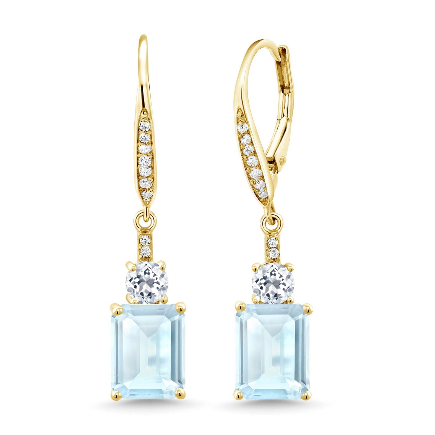 4-6 Cttw Dangle Earrings for Women | Gemstone Birthstone and White Topaz | 18K Yellow Gold Plated Silver | Emerald Cut 9X7MM | Elegant Drop Design | Gift for Her Wife Mom