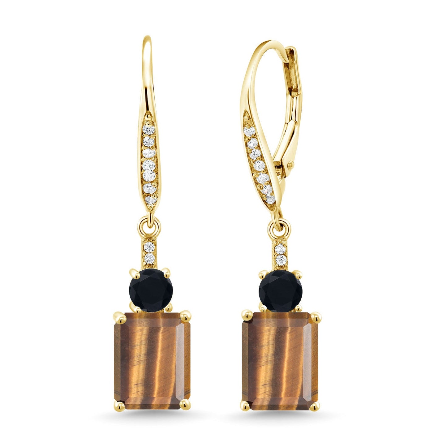 Gemstone Birthstone and Black Onyx Dangle Earrings for Women | 18K Yellow Gold Plated Silver | Emerald Cut 9X7MM with 4MM Round Accent | Elegant Drop Design | Gift for Her Wife Mom