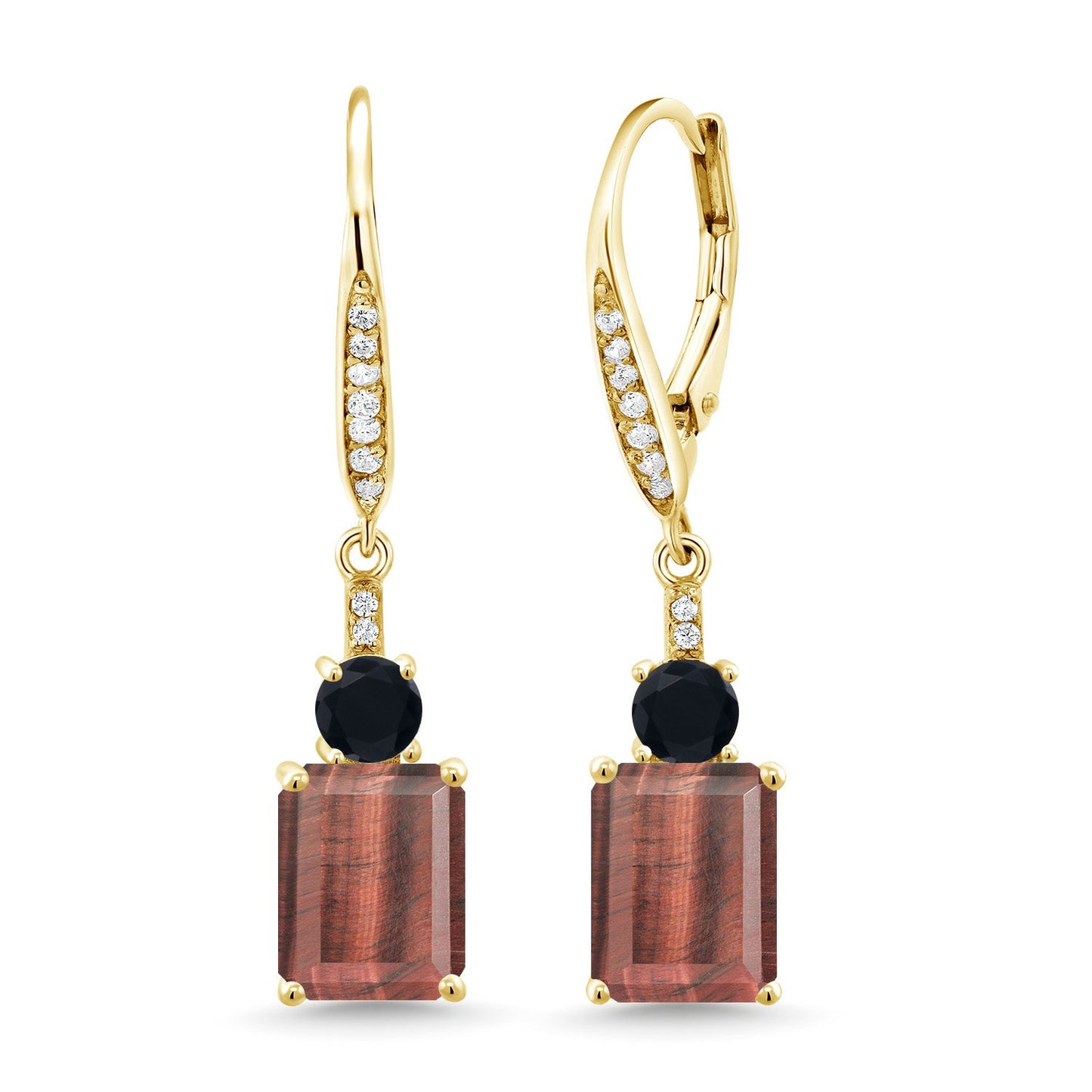 Gemstone Birthstone and Black Onyx Dangle Earrings for Women | 18K Yellow Gold Plated Silver | Emerald Cut 9X7MM with 4MM Round Accent | Elegant Drop Design | Gift for Her Wife Mom