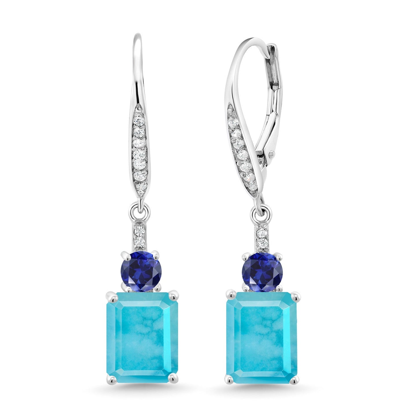 Gemstone Birthstone and Blue Created Sapphire Dangle Earrings for Women | 925 Sterling Silver | Emerald Cut 9X7MM with 4MM Round Accent | Elegant Drop Design | Gift for Her Wife Mom