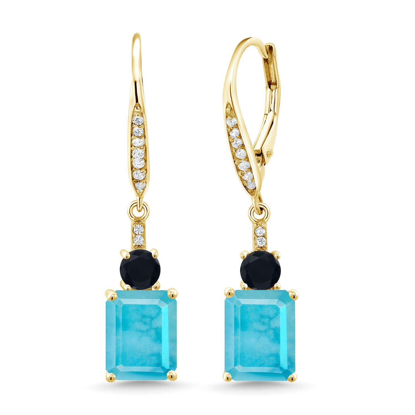 Gemstone Birthstone and Black Onyx Dangle Earrings for Women | 18K Yellow Gold Plated Silver | Emerald Cut 9X7MM with 4MM Round Accent | Elegant Drop Design | Gift for Her Wife Mom