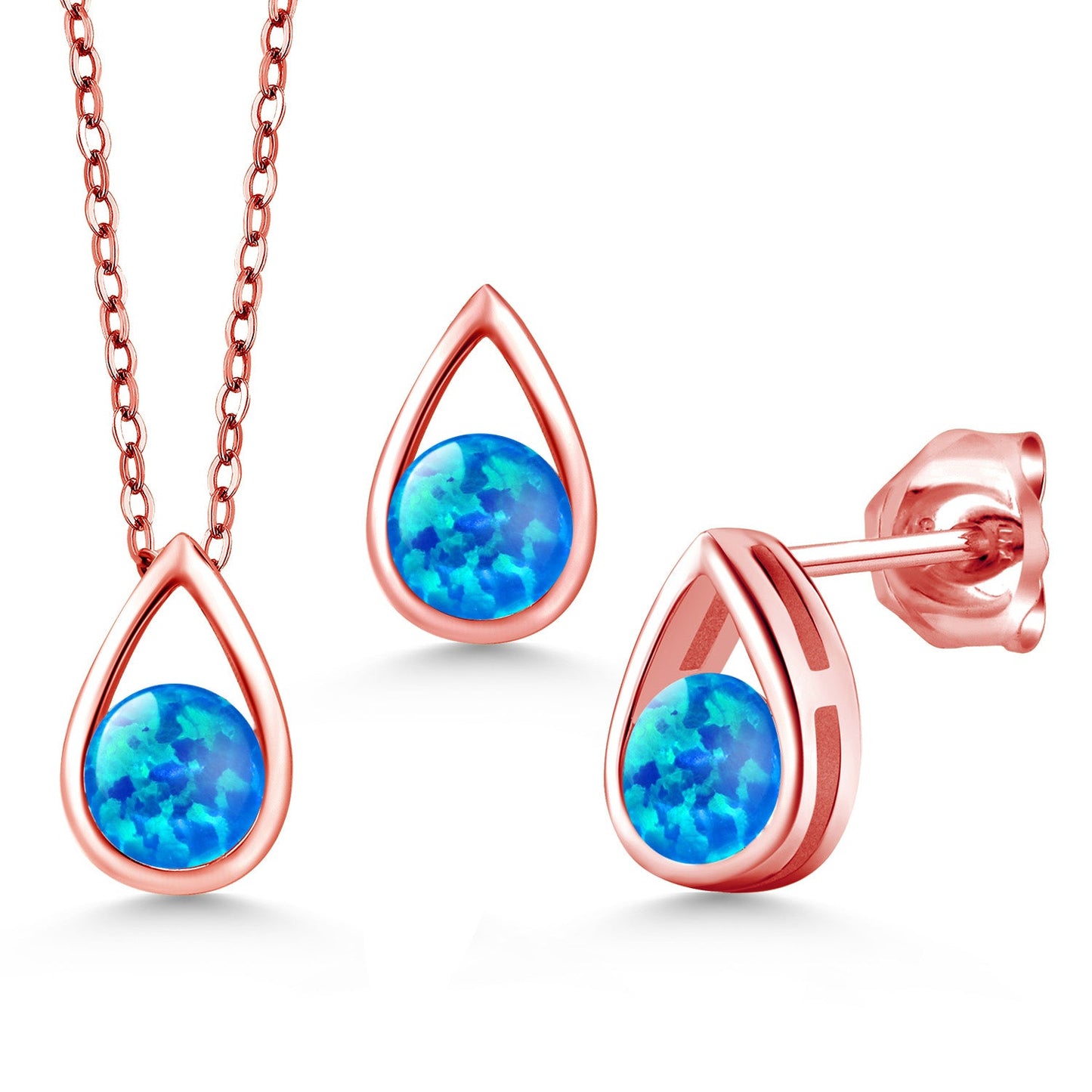 18K Rose Gold Plated Silver 5MM Round Gemstone Birthstone Teardrop Pendant Earrings Set | Jewelry Set for Women | With 18 Inch Chain