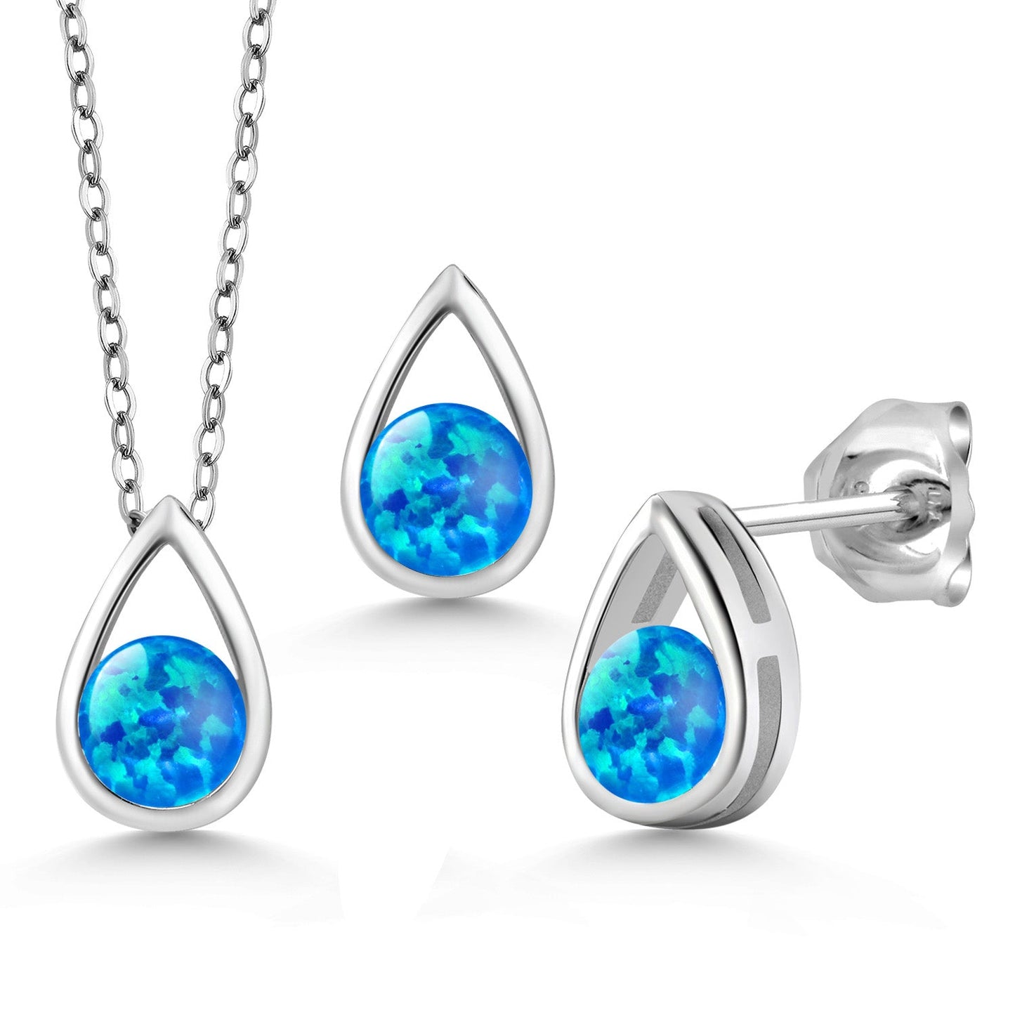 925 Sterling Silver 5MM Round Gemstone Birthstone Teardrop Pendant Earrings Set | Jewelry Set for Women | With 18 Inch Silver Chain