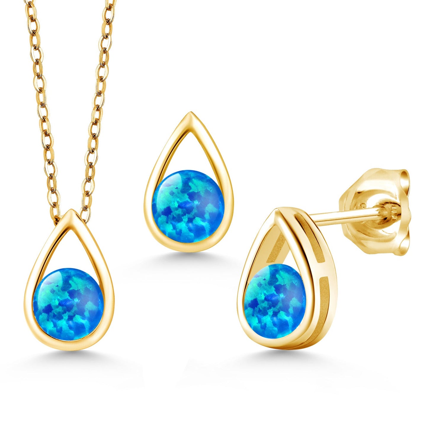 18K Yellow Gold Plated Silver 5MM Round Gemstone Birthstone Teardrop Pendant Earrings Set | Jewelry Set for Women | With 18 Inch Chain