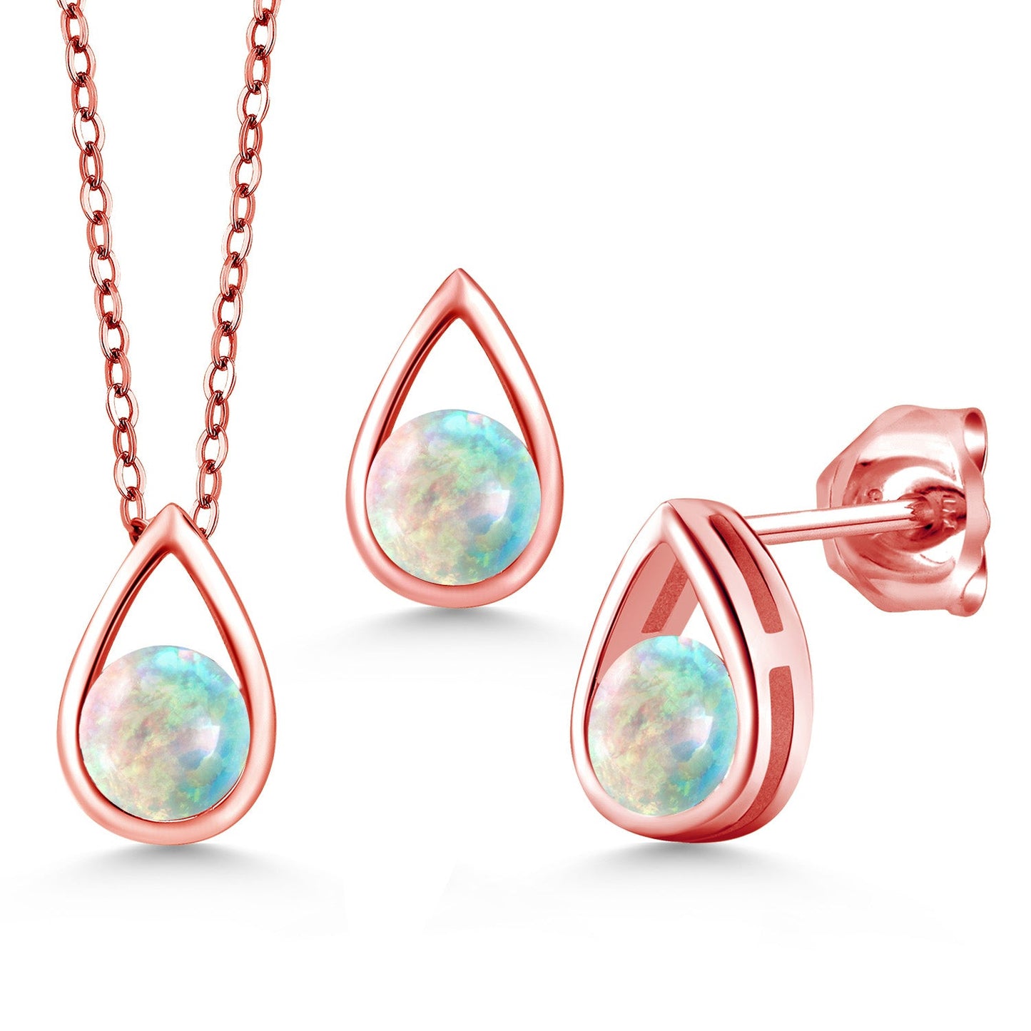 18K Rose Gold Plated Silver 5MM Round Gemstone Birthstone Teardrop Pendant Earrings Set | Jewelry Set for Women | With 18 Inch Chain
