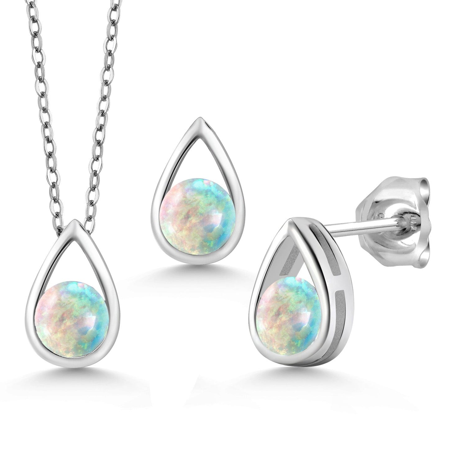 925 Sterling Silver 5MM Round Gemstone Birthstone Teardrop Pendant Earrings Set | Jewelry Set for Women | With 18 Inch Silver Chain