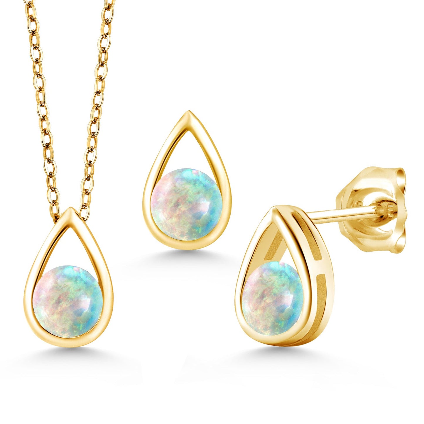 18K Yellow Gold Plated Silver 5MM Round Gemstone Birthstone Teardrop Pendant Earrings Set | Jewelry Set for Women | With 18 Inch Chain