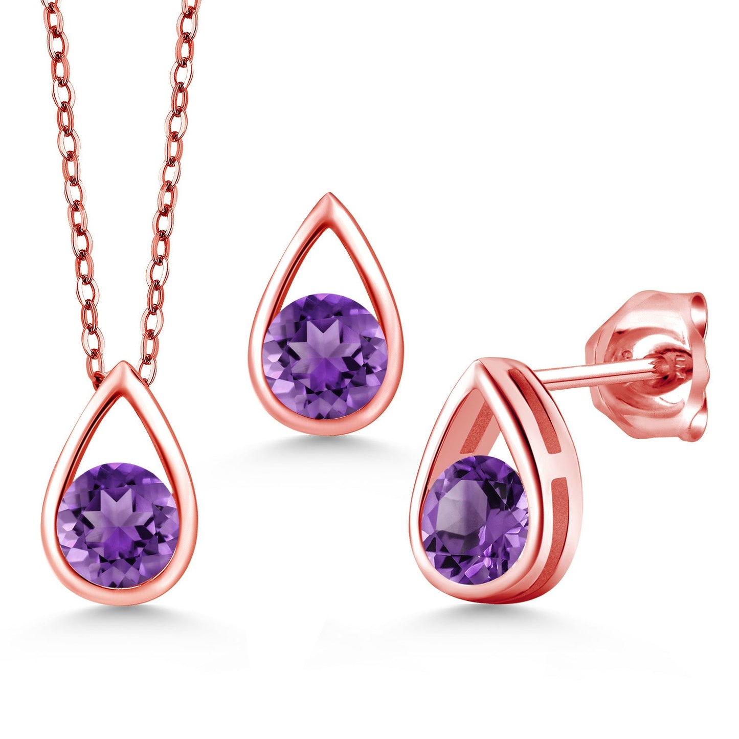 18K Rose Gold Plated Silver 5MM Round Gemstone Birthstone Teardrop Pendant Earrings Set | Jewelry Set for Women | With 18 Inch Chain