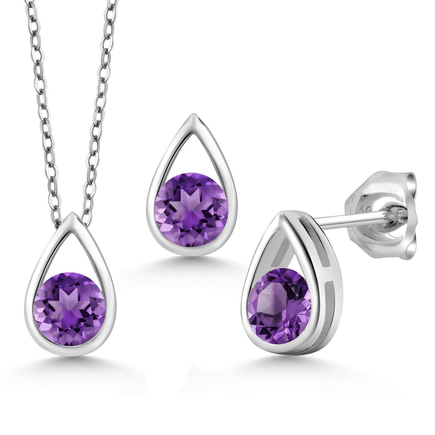 925 Sterling Silver 5MM Round Gemstone Birthstone Teardrop Pendant Earrings Set | Jewelry Set for Women | With 18 Inch Silver Chain