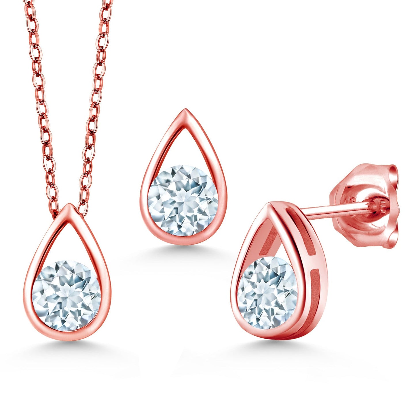 18K Rose Gold Plated Silver 5MM Round Gemstone Birthstone Teardrop Pendant Earrings Set | Jewelry Set for Women | With 18 Inch Chain