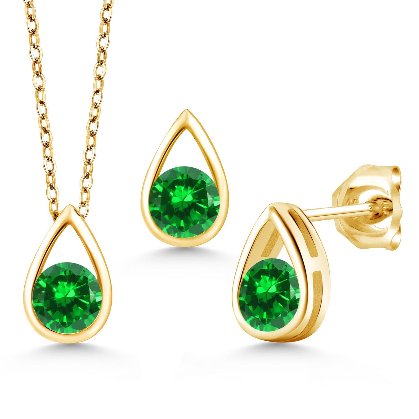 18K Yellow Gold Plated Silver 5MM Round Gemstone Birthstone Teardrop Pendant Earrings Set | Jewelry Set for Women | With 18 Inch Chain