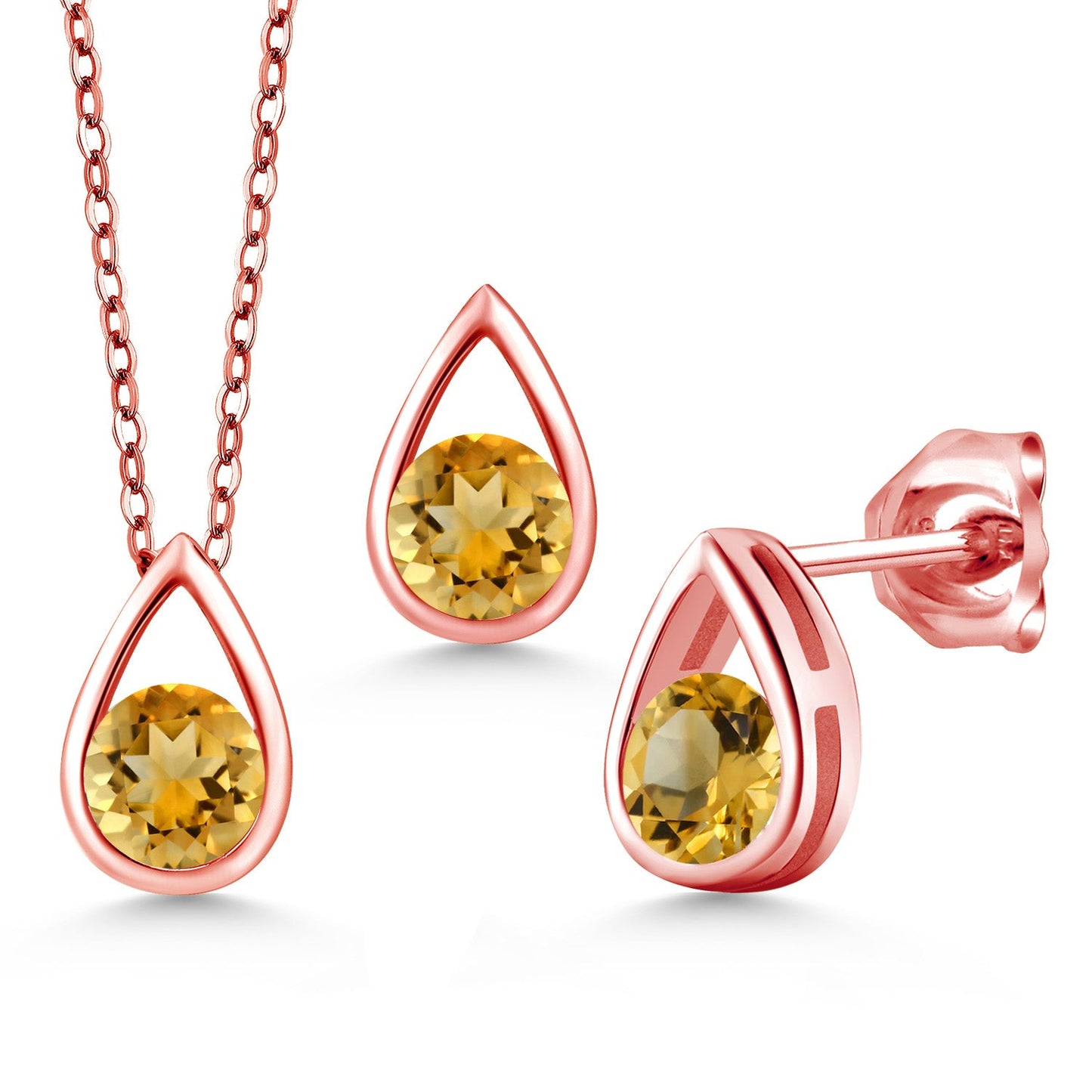 18K Rose Gold Plated Silver 5MM Round Gemstone Birthstone Teardrop Pendant Earrings Set | Jewelry Set for Women | With 18 Inch Chain