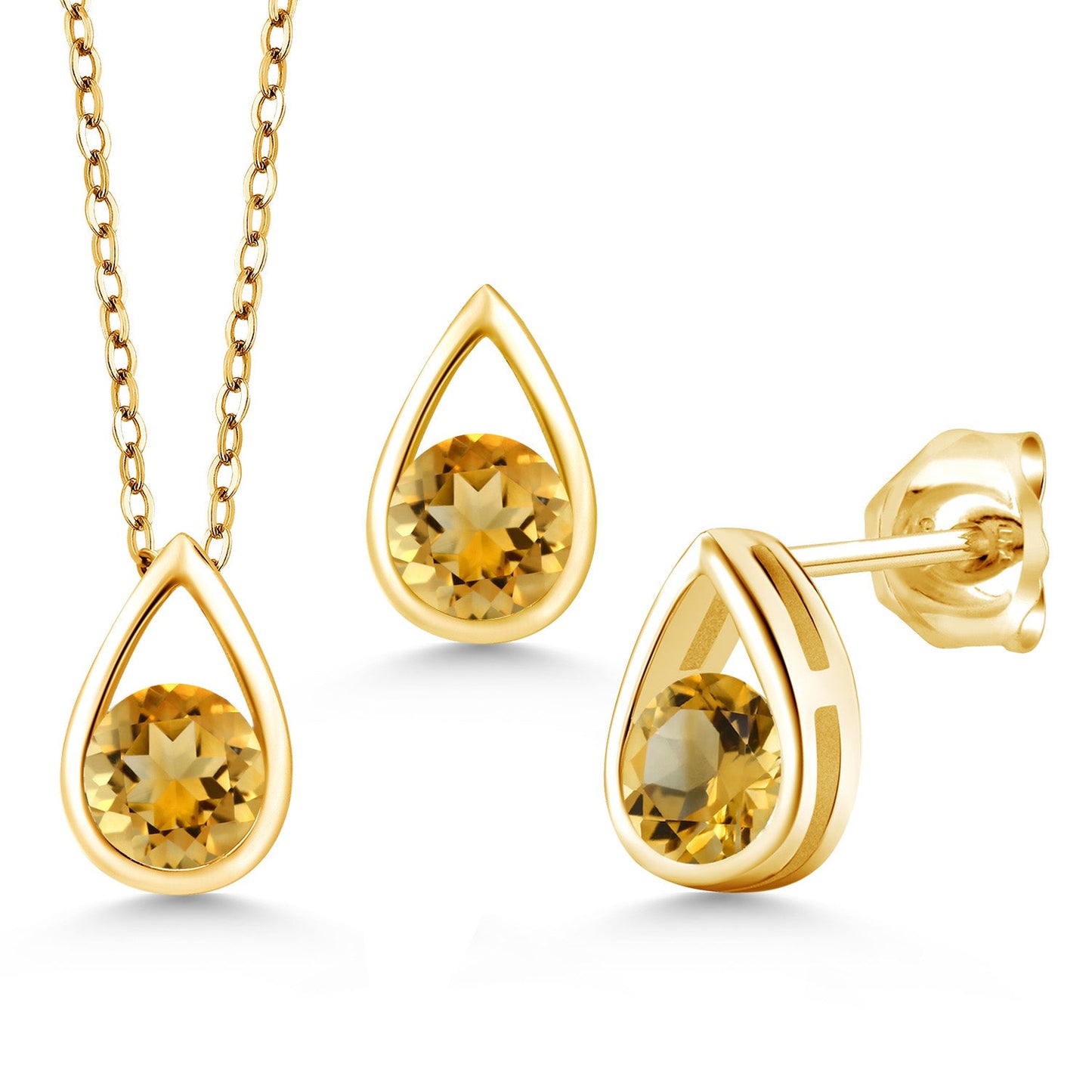 18K Yellow Gold Plated Silver 5MM Round Gemstone Birthstone Teardrop Pendant Earrings Set | Jewelry Set for Women | With 18 Inch Chain