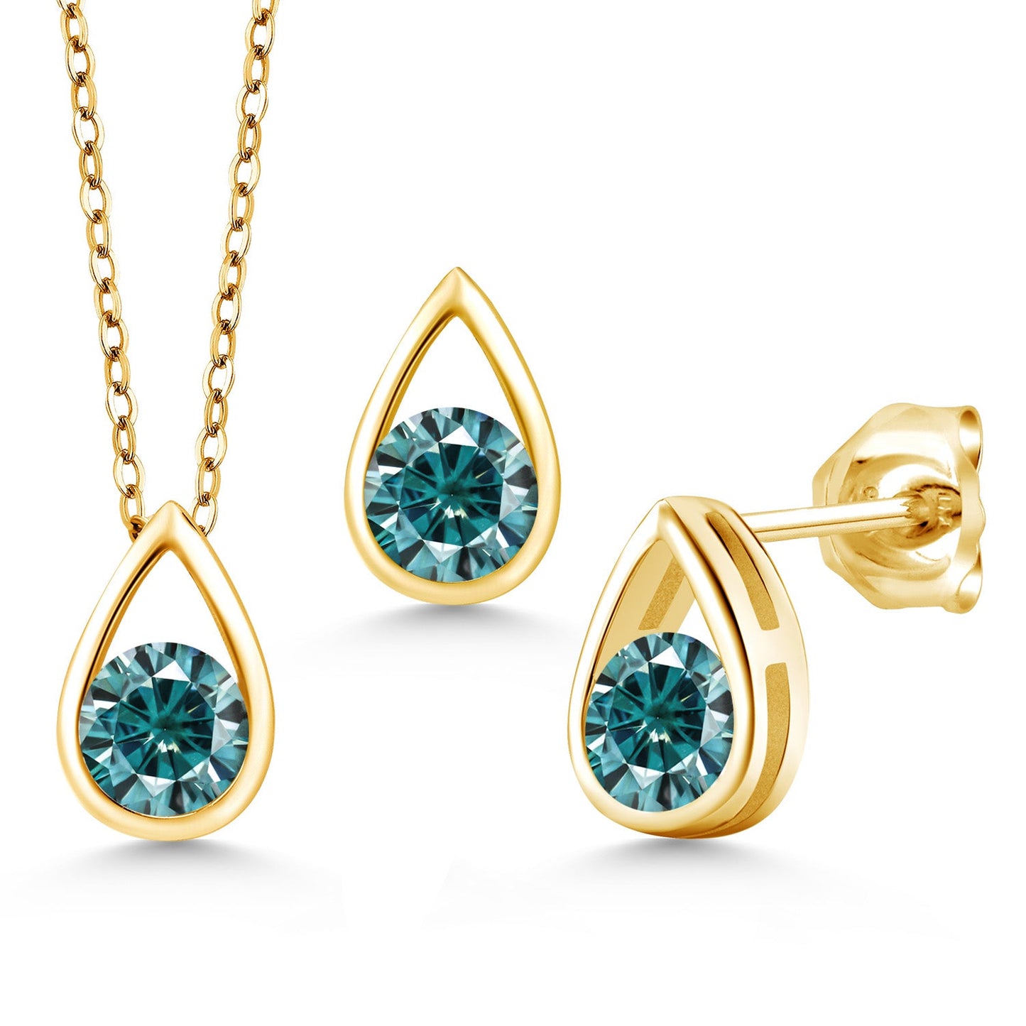 18K Yellow Gold Plated Silver 5MM Round Gemstone Birthstone Teardrop Pendant Earrings Set | Jewelry Set for Women | With 18 Inch Chain