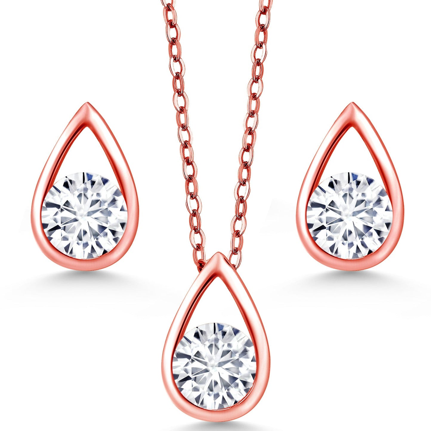 18K Rose Gold Plated Silver 5MM Round Gemstone Birthstone Teardrop Pendant Earrings Set | Jewelry Set for Women | With 18 Inch Chain