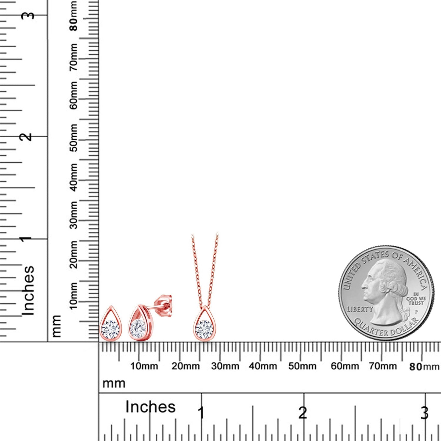 18K Rose Gold Plated Silver 5MM Round Gemstone Birthstone Teardrop Pendant Earrings Set | Jewelry Set for Women | With 18 Inch Chain