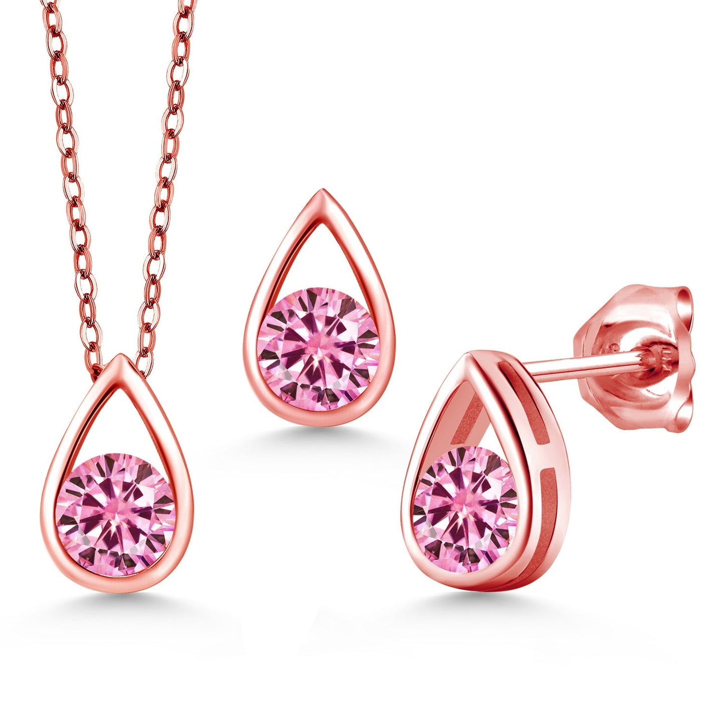 18K Rose Gold Plated Silver 5MM Round Gemstone Birthstone Teardrop Pendant Earrings Set | Jewelry Set for Women | With 18 Inch Chain