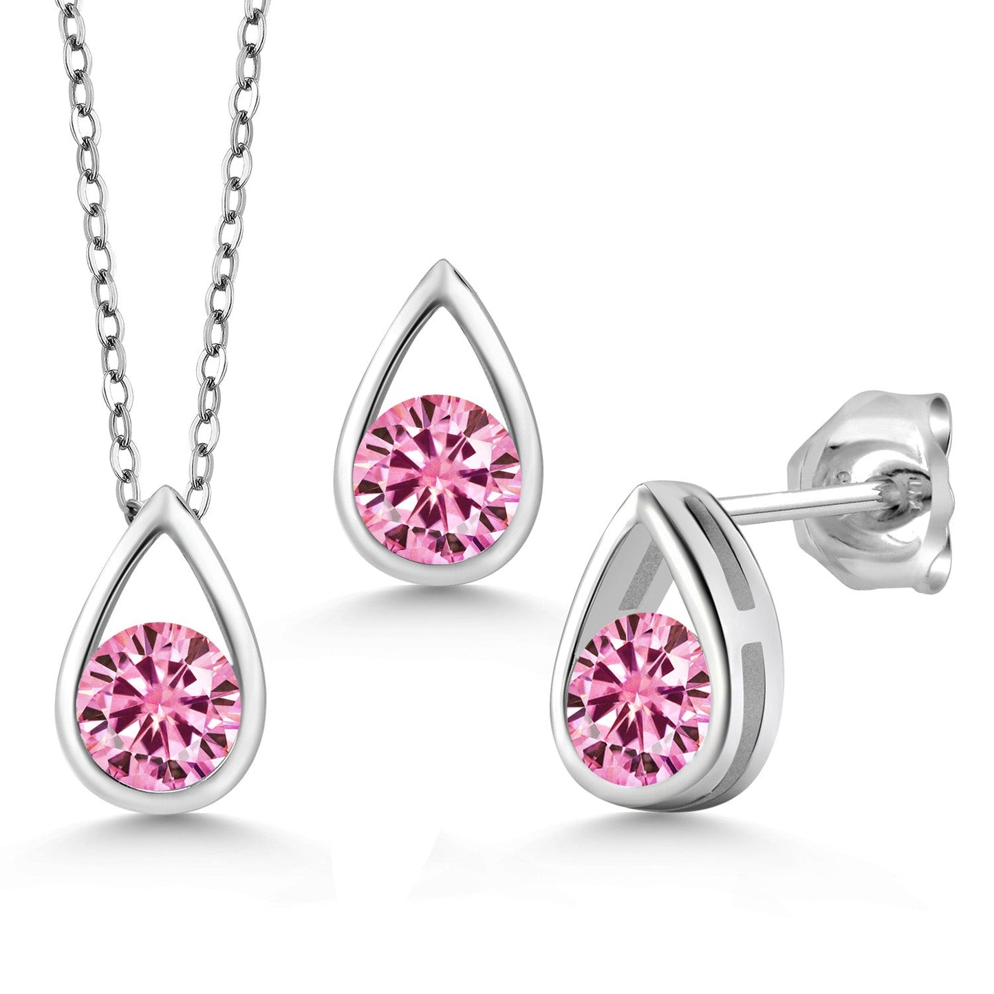 925 Sterling Silver 5MM Round Gemstone Birthstone Teardrop Pendant Earrings Set | Jewelry Set for Women | With 18 Inch Silver Chain