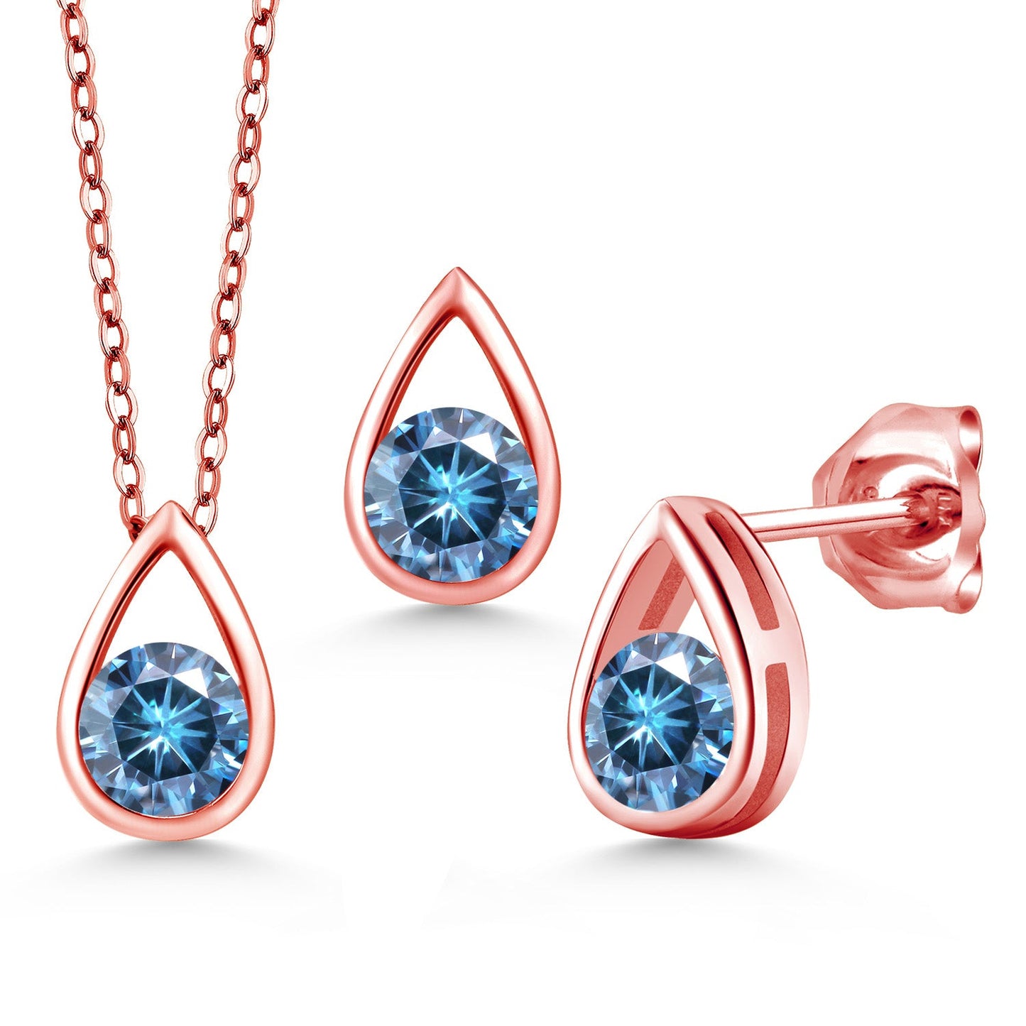 18K Rose Gold Plated Silver 5MM Round Gemstone Birthstone Teardrop Pendant Earrings Set | Jewelry Set for Women | With 18 Inch Chain