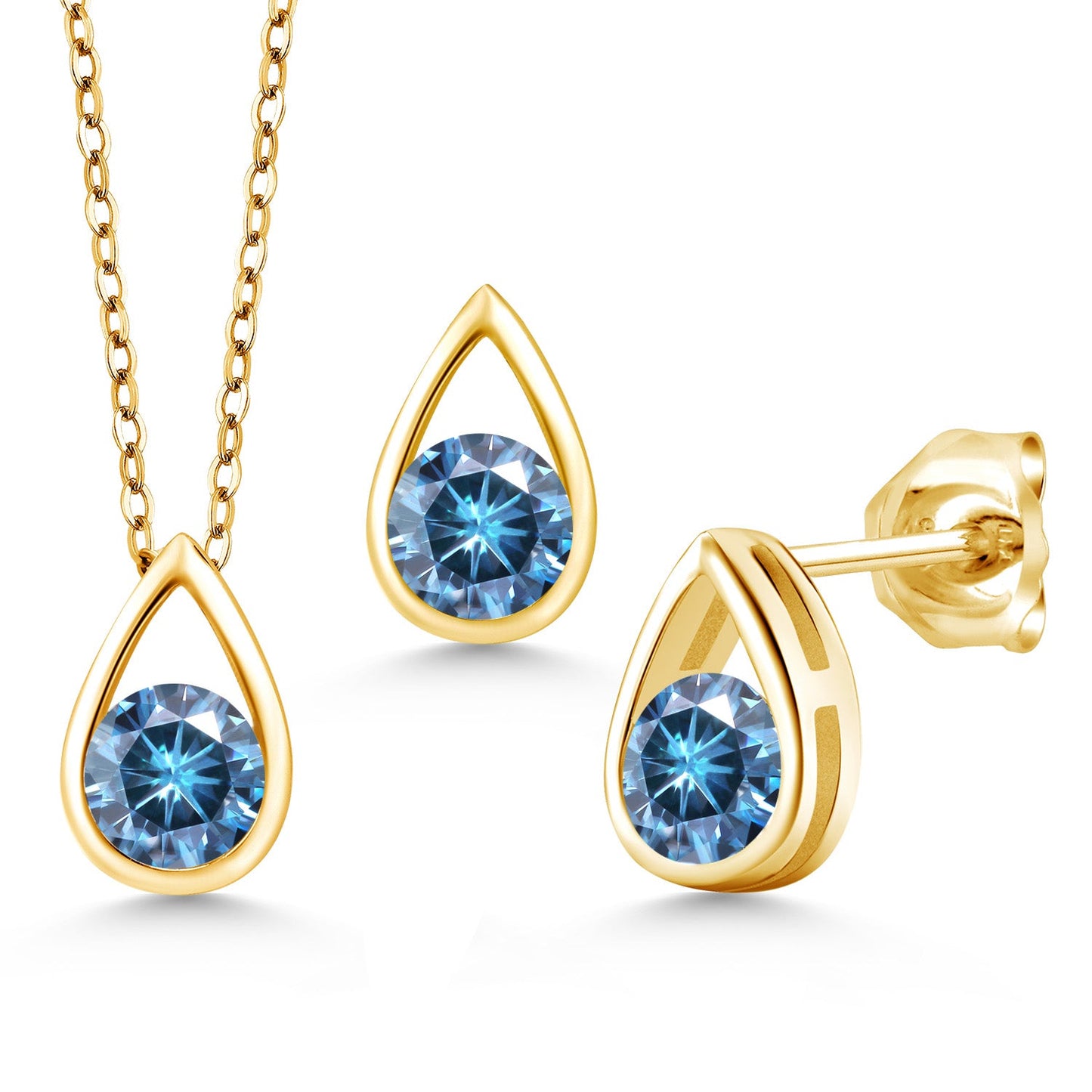 18K Yellow Gold Plated Silver 5MM Round Gemstone Birthstone Teardrop Pendant Earrings Set | Jewelry Set for Women | With 18 Inch Chain