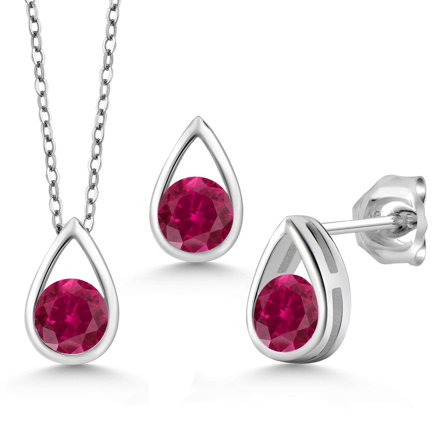 925 Sterling Silver 5MM Round Gemstone Birthstone Teardrop Pendant Earrings Set | Jewelry Set for Women | With 18 Inch Silver Chain