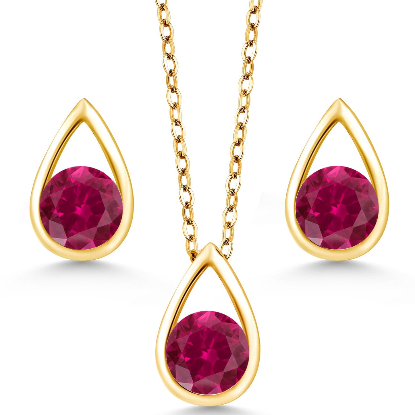 18K Yellow Gold Plated Silver 5MM Round Gemstone Birthstone Teardrop Pendant Earrings Set | Jewelry Set for Women | With 18 Inch Chain