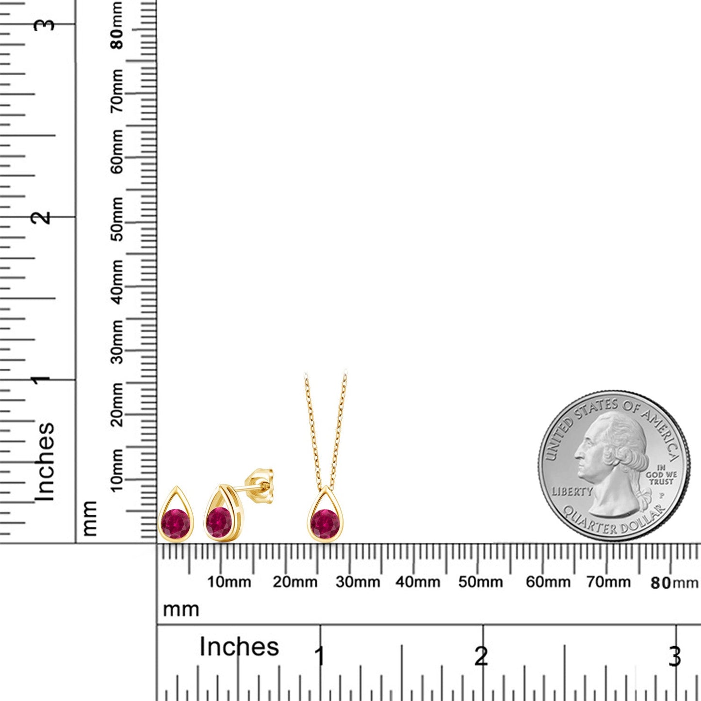 18K Yellow Gold Plated Silver 5MM Round Gemstone Birthstone Teardrop Pendant Earrings Set | Jewelry Set for Women | With 18 Inch Chain