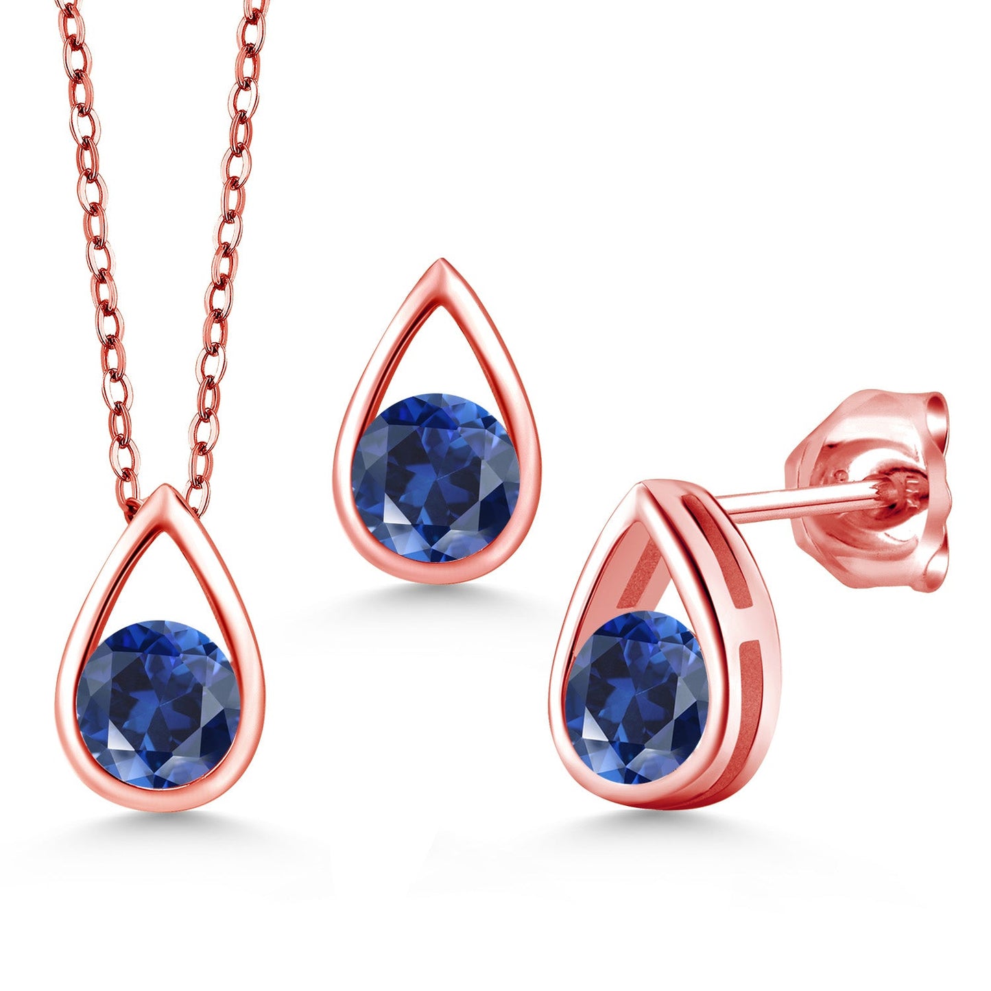 18K Rose Gold Plated Silver 5MM Round Gemstone Birthstone Teardrop Pendant Earrings Set | Jewelry Set for Women | With 18 Inch Chain