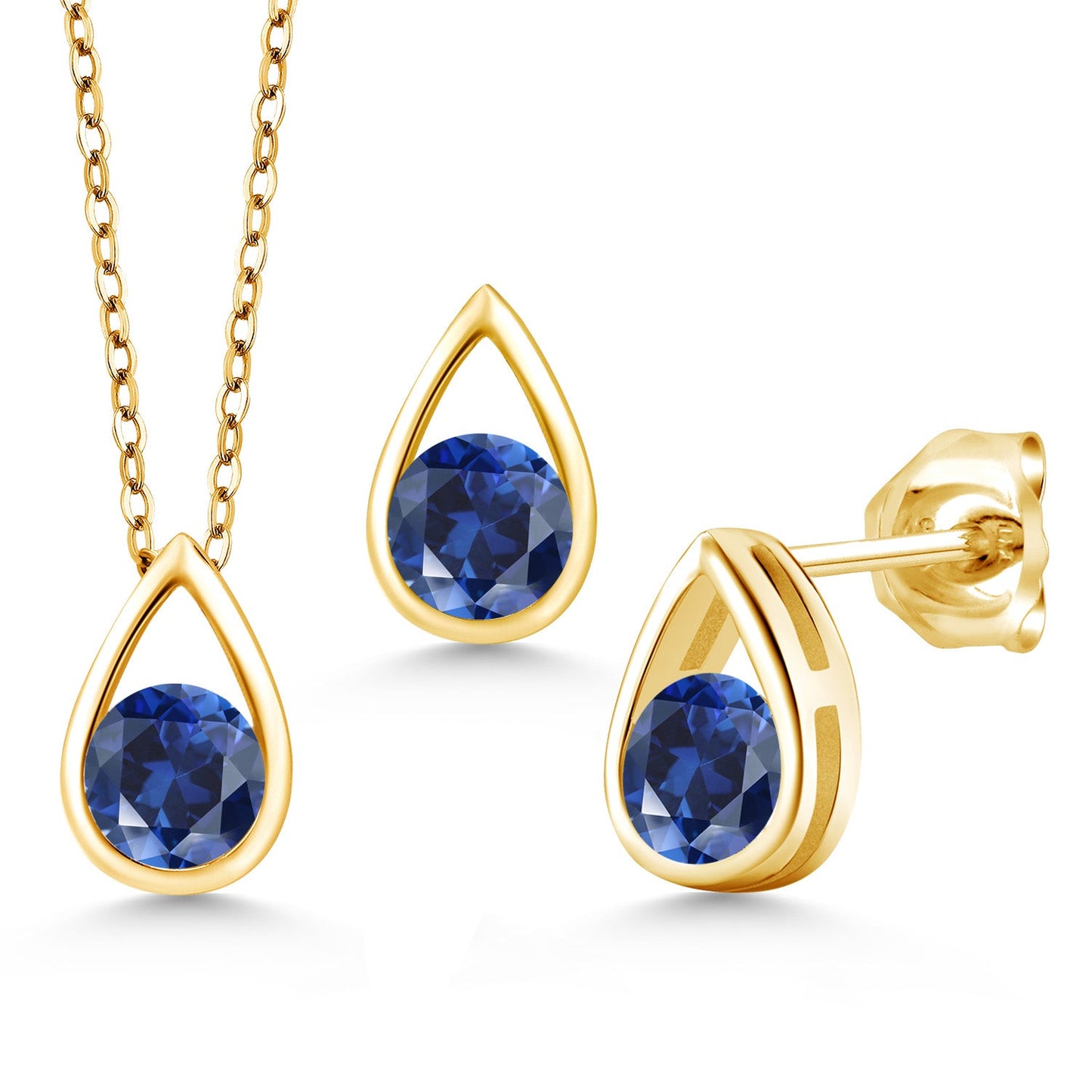 18K Yellow Gold Plated Silver 5MM Round Gemstone Birthstone Teardrop Pendant Earrings Set | Jewelry Set for Women | With 18 Inch Chain