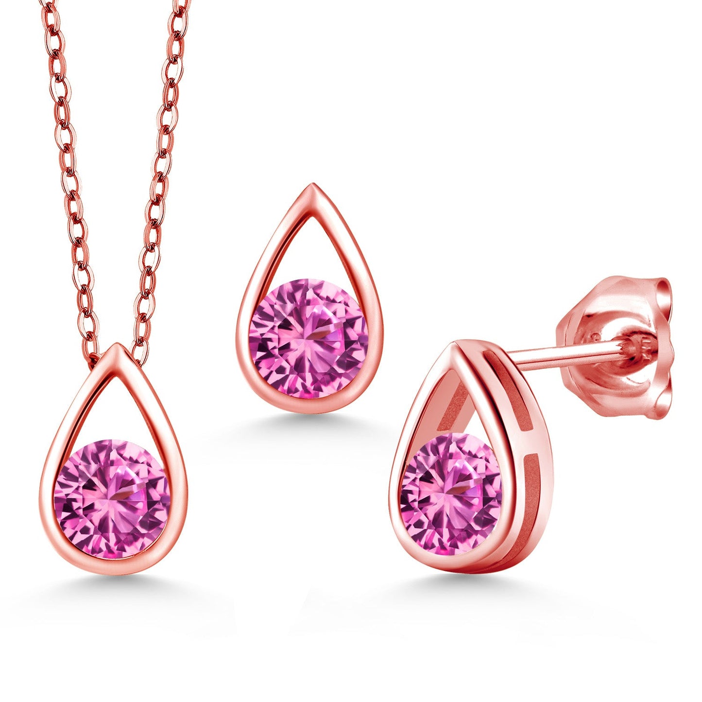 18K Rose Gold Plated Silver 5MM Round Gemstone Birthstone Teardrop Pendant Earrings Set | Jewelry Set for Women | With 18 Inch Chain