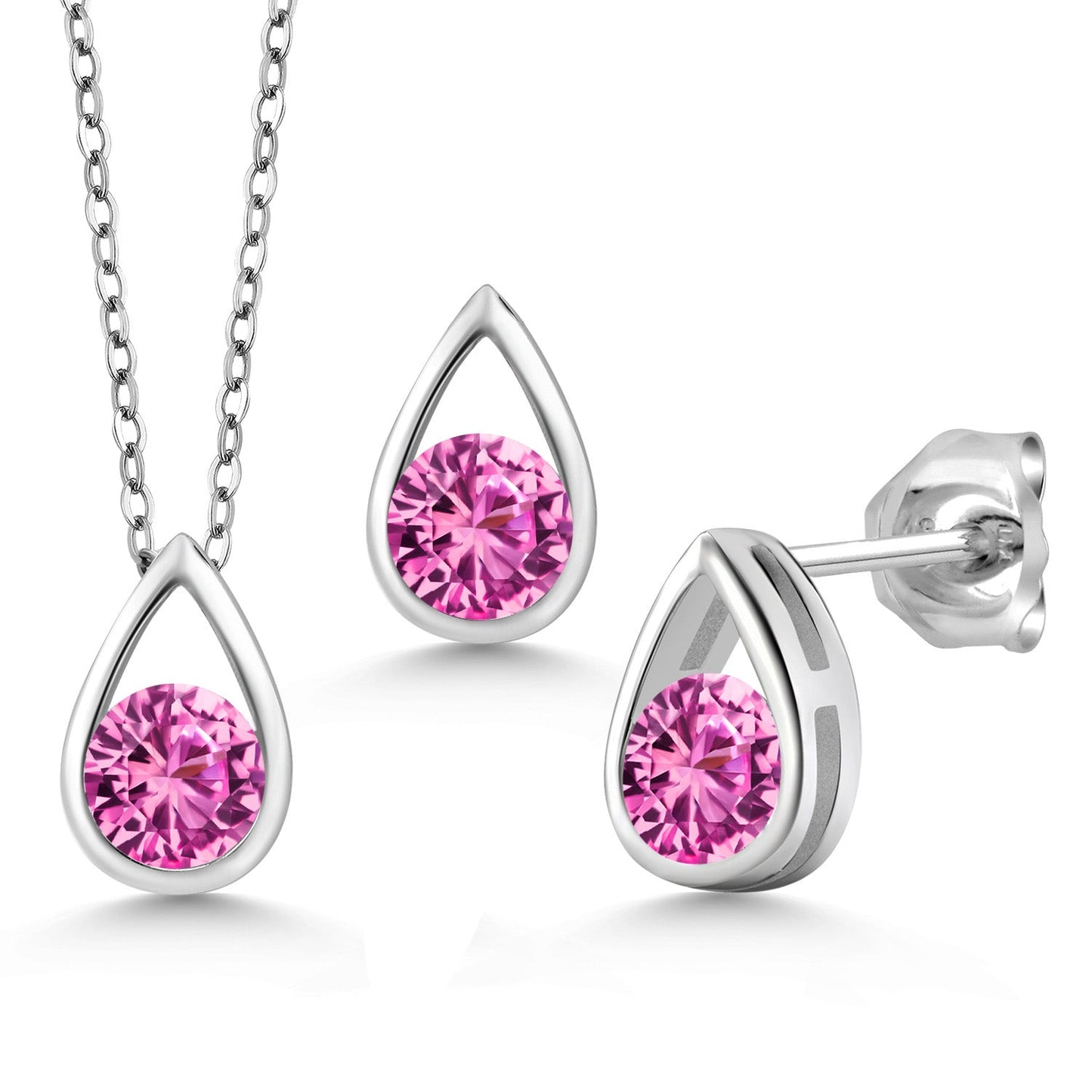 925 Sterling Silver 5MM Round Gemstone Birthstone Teardrop Pendant Earrings Set | Jewelry Set for Women | With 18 Inch Silver Chain