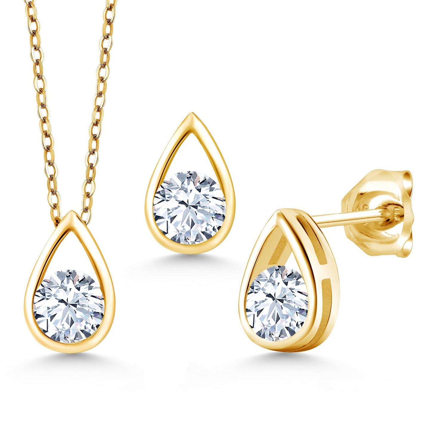 18K Yellow Gold Plated Silver 5MM Round Gemstone Birthstone Teardrop Pendant Earrings Set | Jewelry Set for Women | With 18 Inch Chain