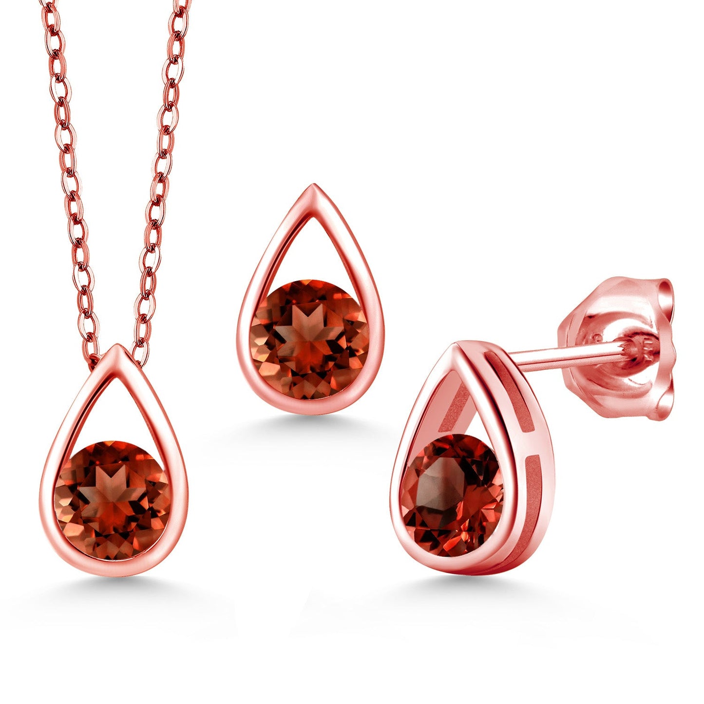 18K Rose Gold Plated Silver 5MM Round Gemstone Birthstone Teardrop Pendant Earrings Set | Jewelry Set for Women | With 18 Inch Chain