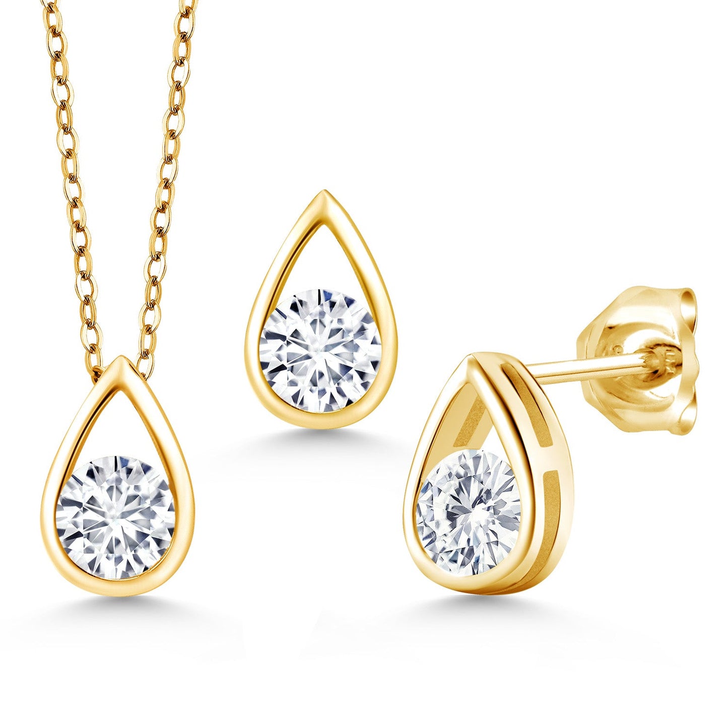 18K Yellow Gold Plated Silver 5MM Round Gemstone Birthstone Teardrop Pendant Earrings Set | Jewelry Set for Women | With 18 Inch Chain