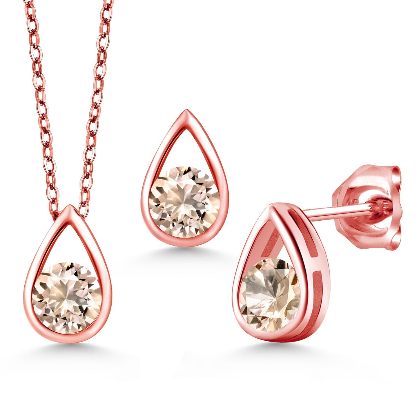 18K Rose Gold Plated Silver 5MM Round Gemstone Birthstone Teardrop Pendant Earrings Set | Jewelry Set for Women | With 18 Inch Chain
