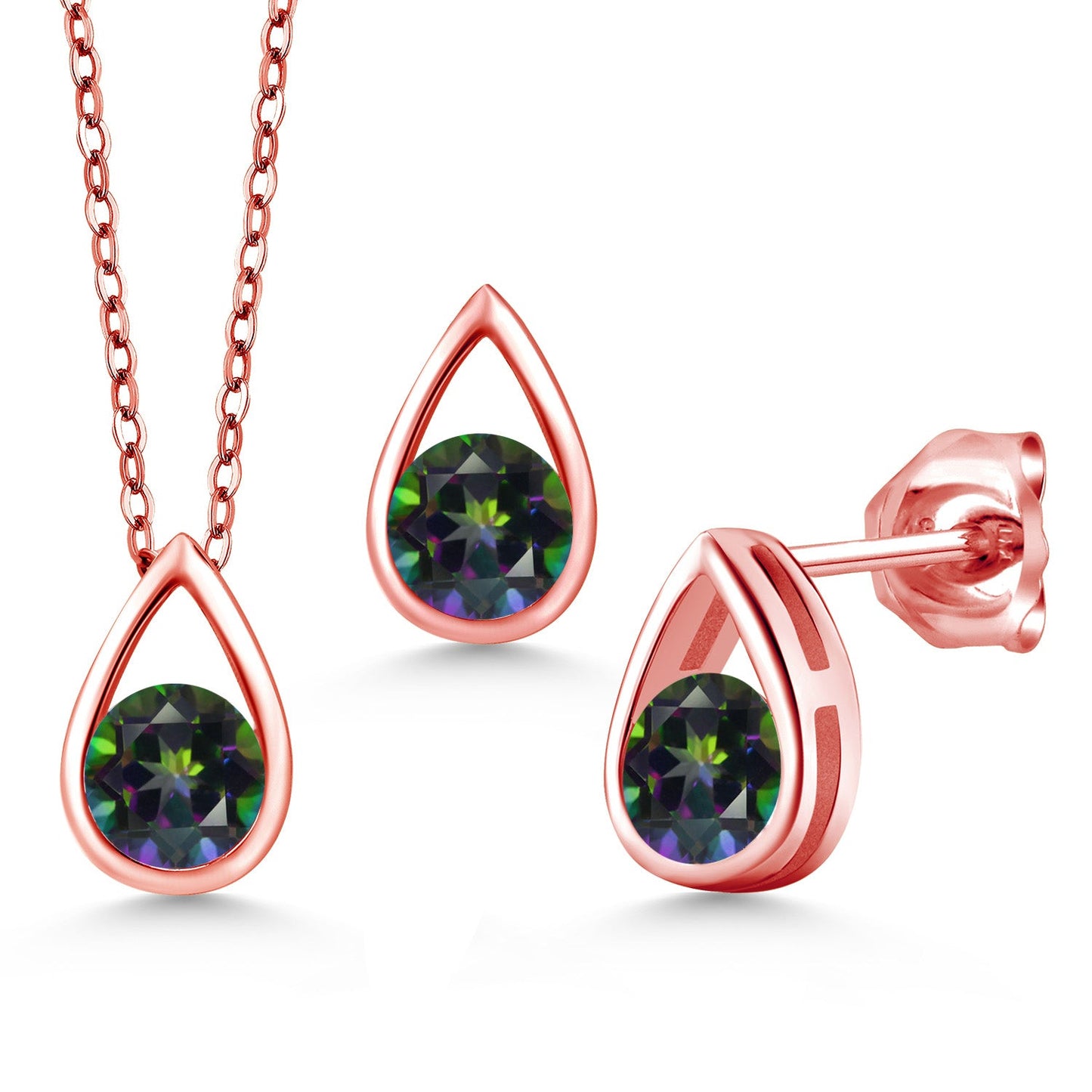 18K Rose Gold Plated Silver 5MM Round Gemstone Birthstone Teardrop Pendant Earrings Set | Jewelry Set for Women | With 18 Inch Chain