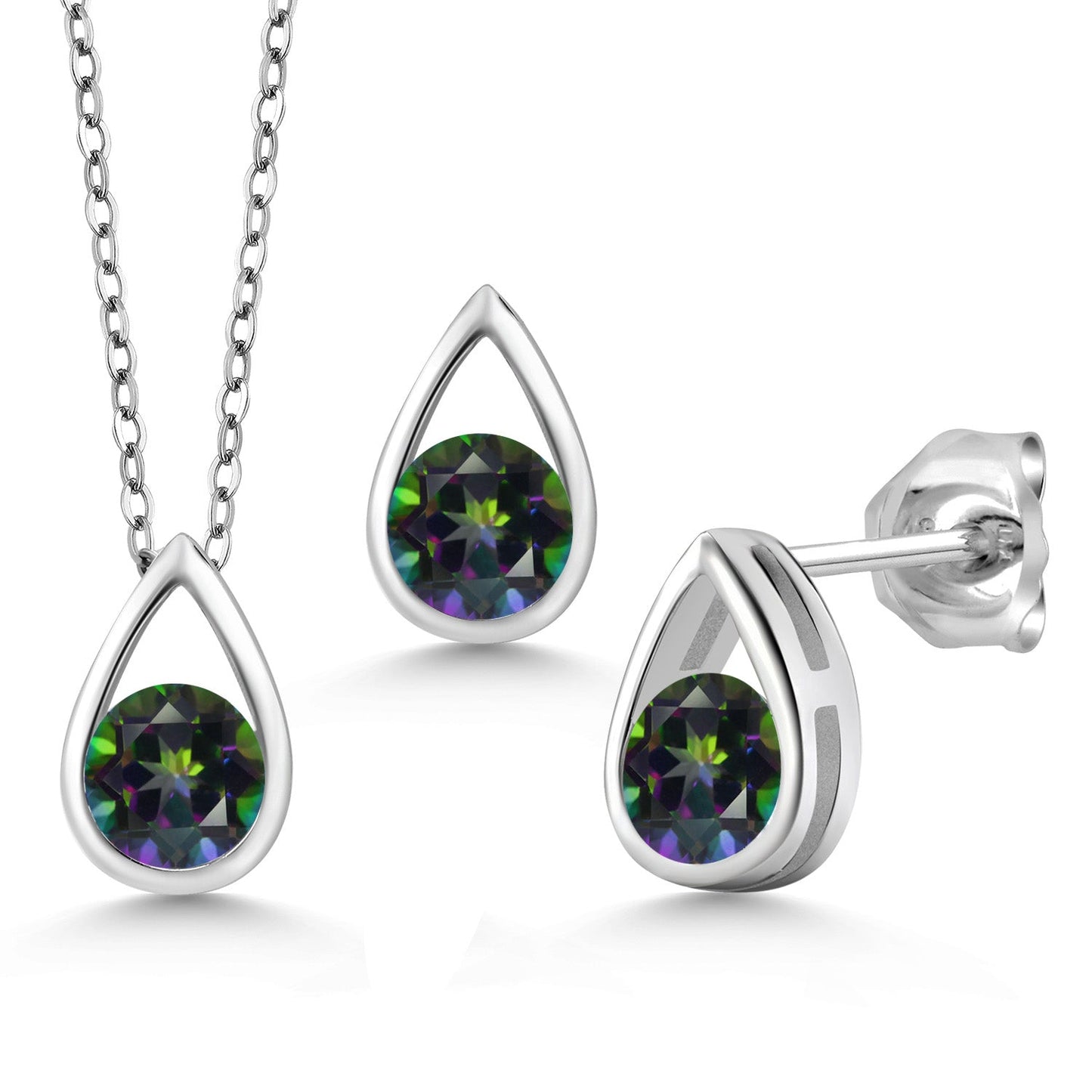 925 Sterling Silver 5MM Round Gemstone Birthstone Teardrop Pendant Earrings Set | Jewelry Set for Women | With 18 Inch Silver Chain