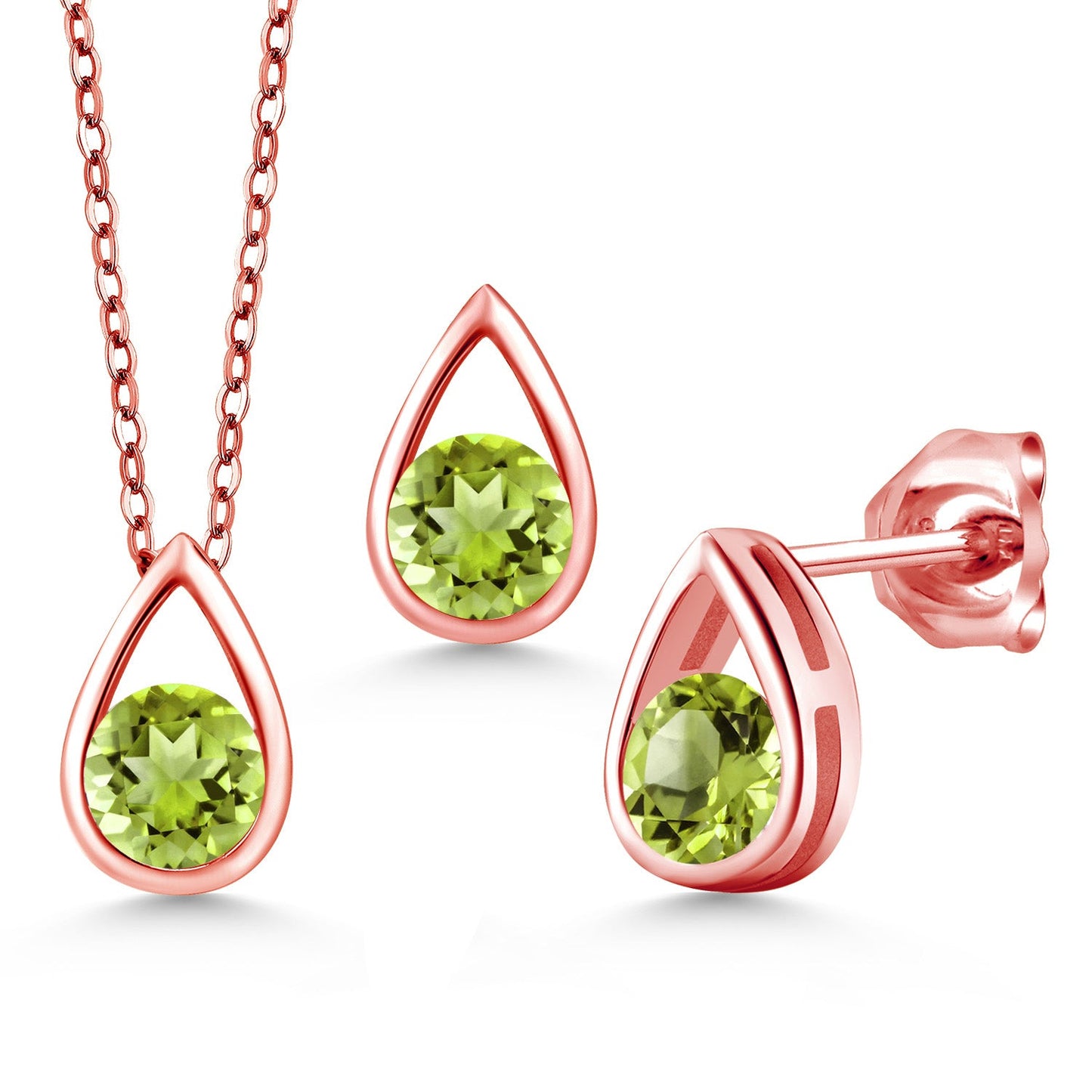 18K Rose Gold Plated Silver 5MM Round Gemstone Birthstone Teardrop Pendant Earrings Set | Jewelry Set for Women | With 18 Inch Chain