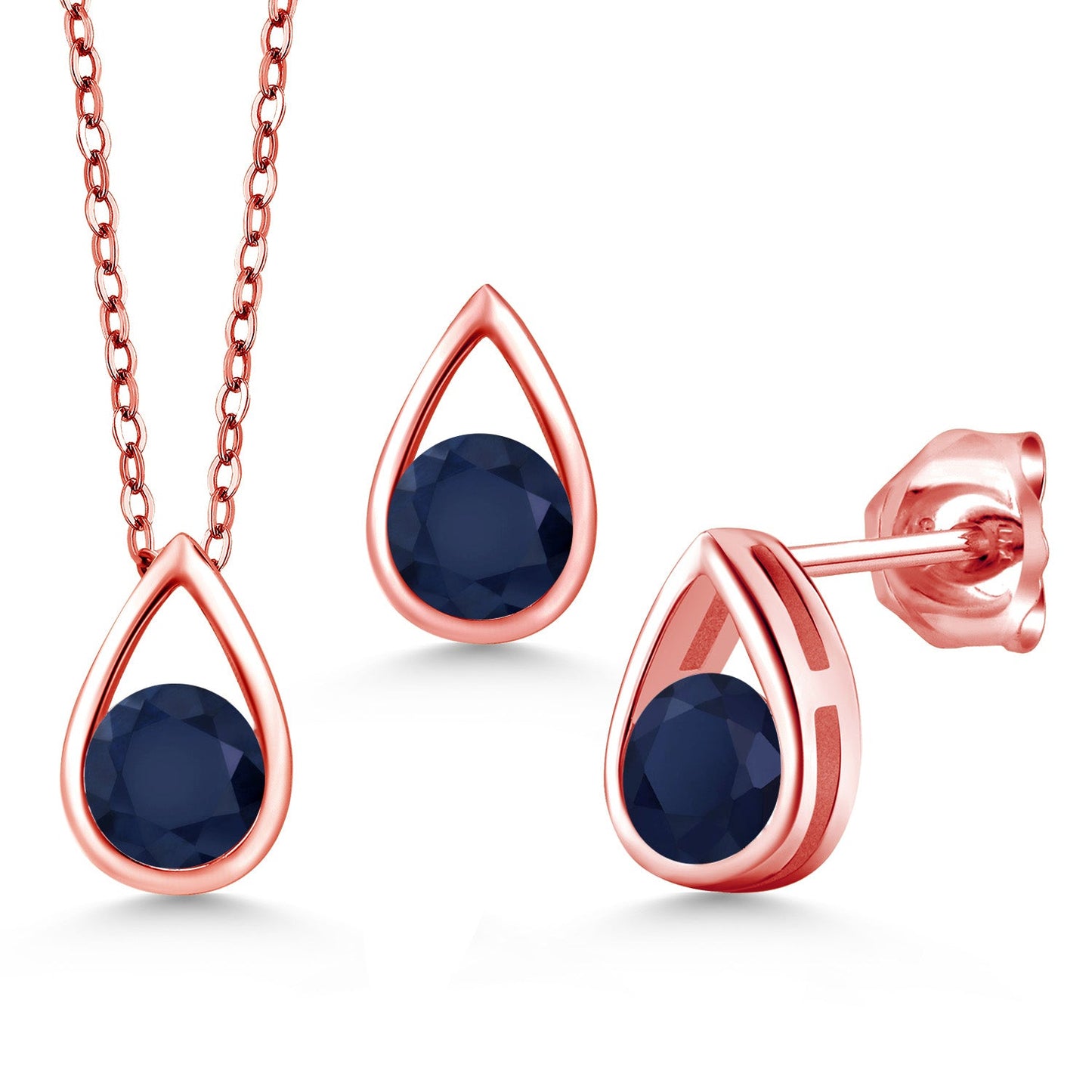 18K Rose Gold Plated Silver 5MM Round Gemstone Birthstone Teardrop Pendant Earrings Set | Jewelry Set for Women | With 18 Inch Chain