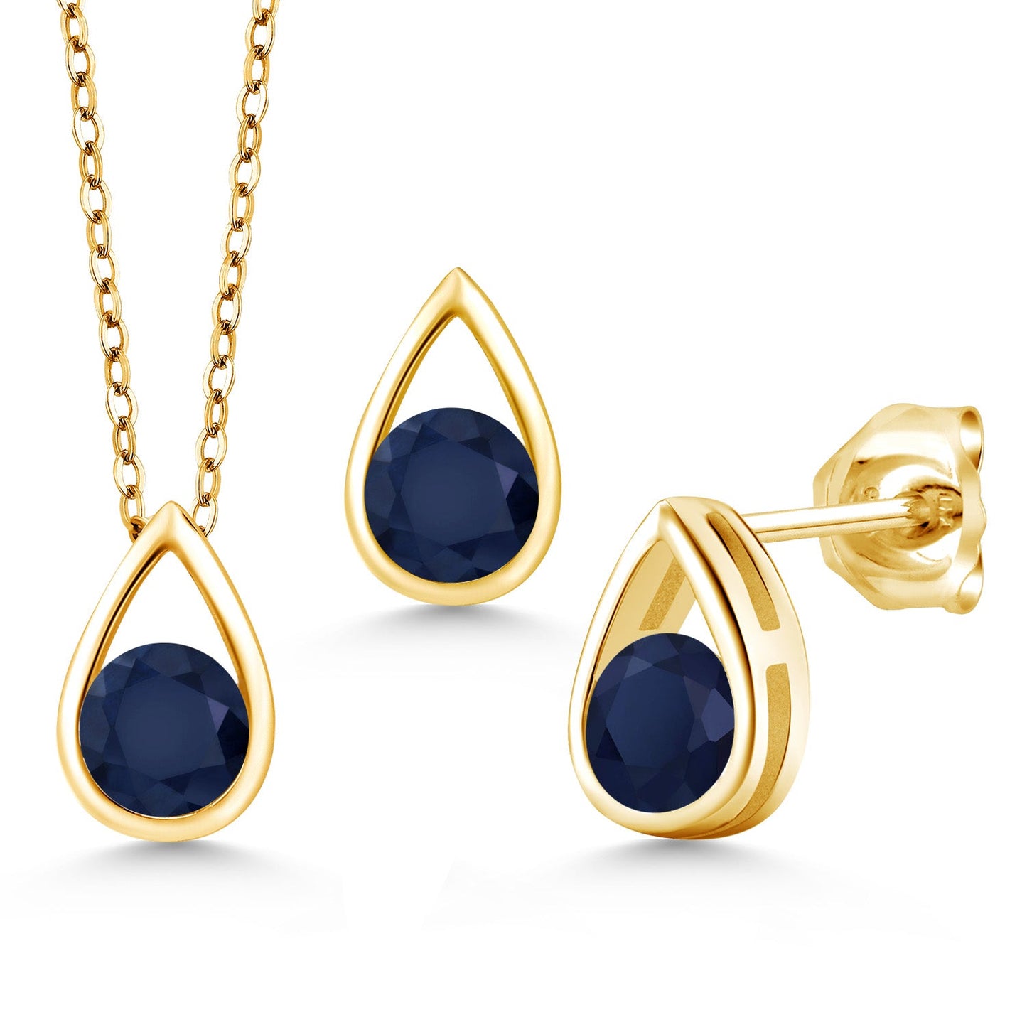 18K Yellow Gold Plated Silver 5MM Round Gemstone Birthstone Teardrop Pendant Earrings Set | Jewelry Set for Women | With 18 Inch Chain