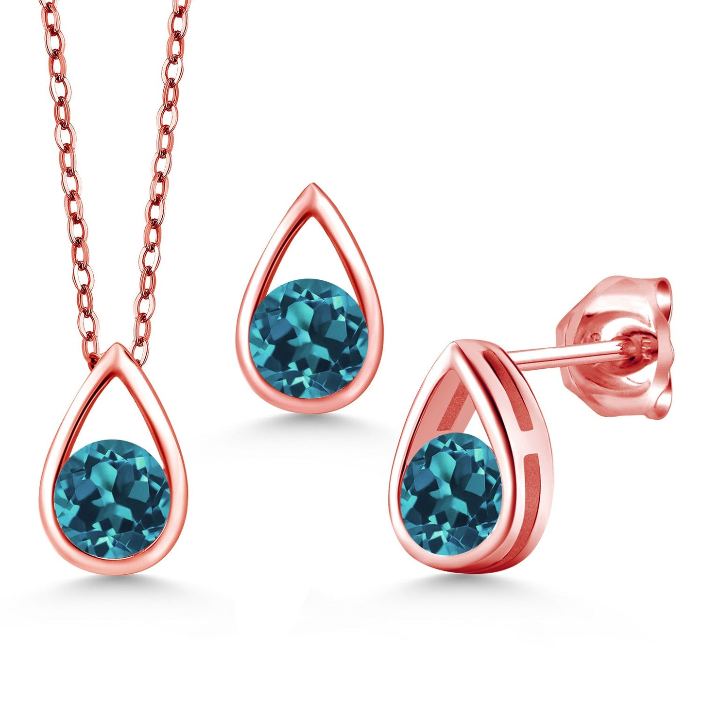 18K Rose Gold Plated Silver 5MM Round Gemstone Birthstone Teardrop Pendant Earrings Set | Jewelry Set for Women | With 18 Inch Chain