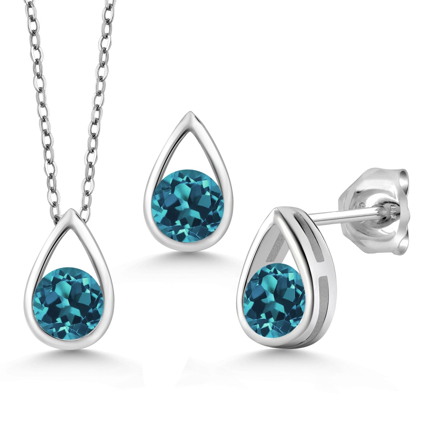 925 Sterling Silver 5MM Round Gemstone Birthstone Teardrop Pendant Earrings Set | Jewelry Set for Women | With 18 Inch Silver Chain
