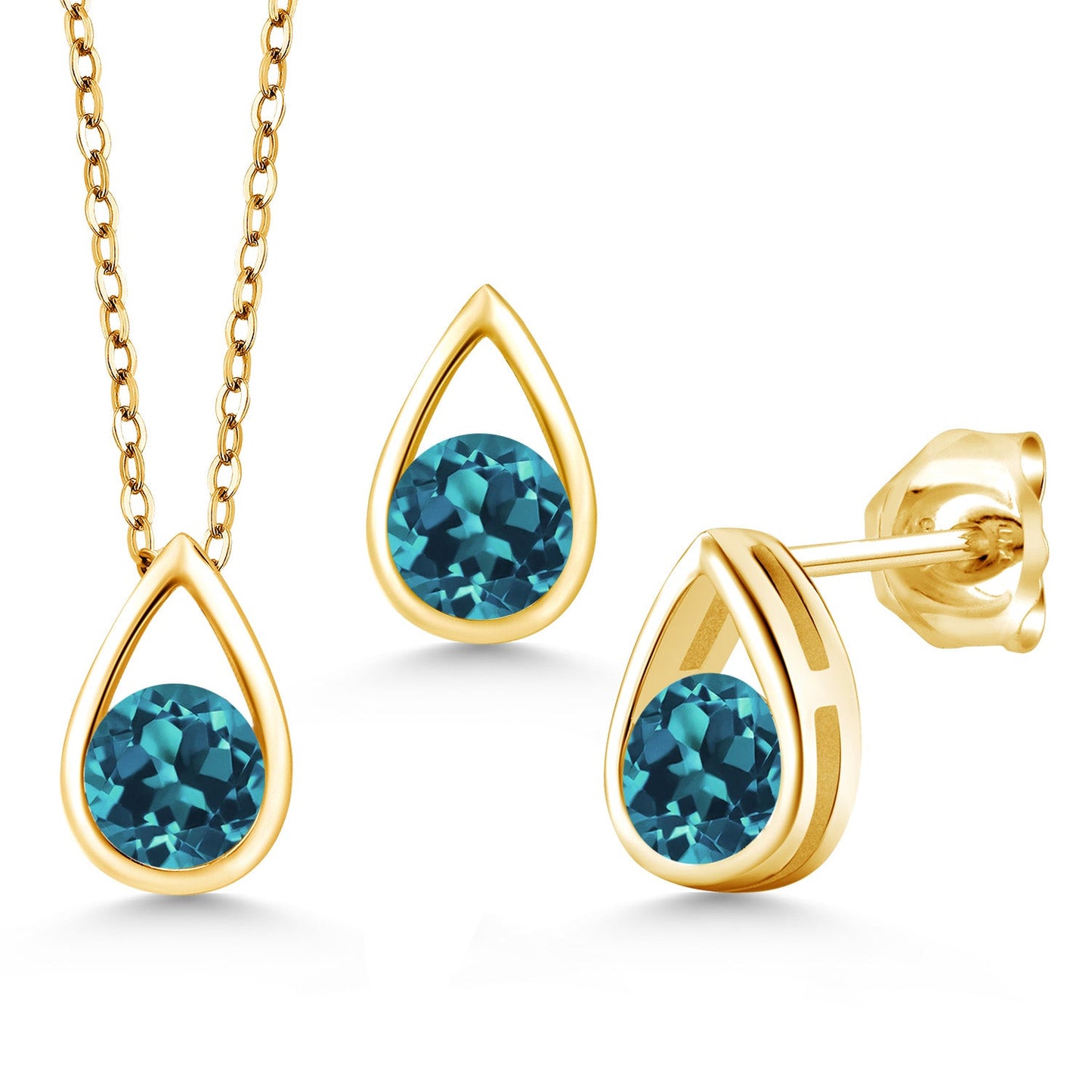 18K Yellow Gold Plated Silver 5MM Round Gemstone Birthstone Teardrop Pendant Earrings Set | Jewelry Set for Women | With 18 Inch Chain