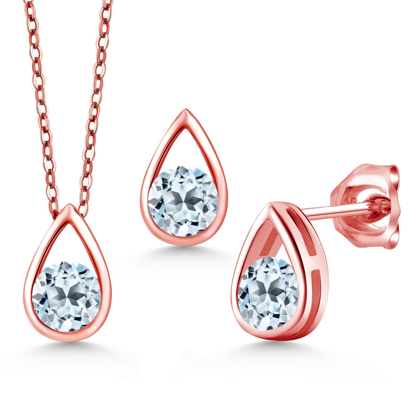 18K Rose Gold Plated Silver 5MM Round Gemstone Birthstone Teardrop Pendant Earrings Set | Jewelry Set for Women | With 18 Inch Chain