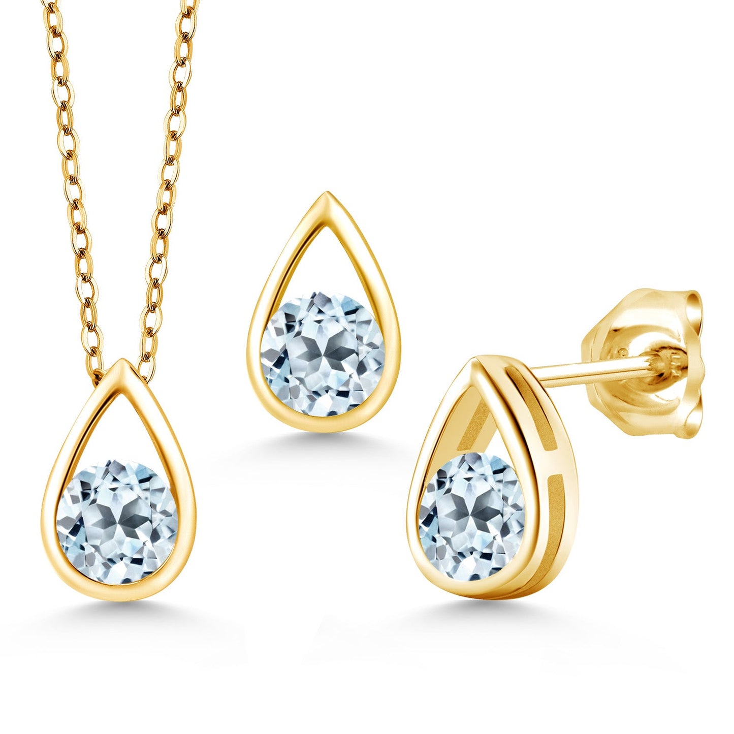 18K Yellow Gold Plated Silver 5MM Round Gemstone Birthstone Teardrop Pendant Earrings Set | Jewelry Set for Women | With 18 Inch Chain