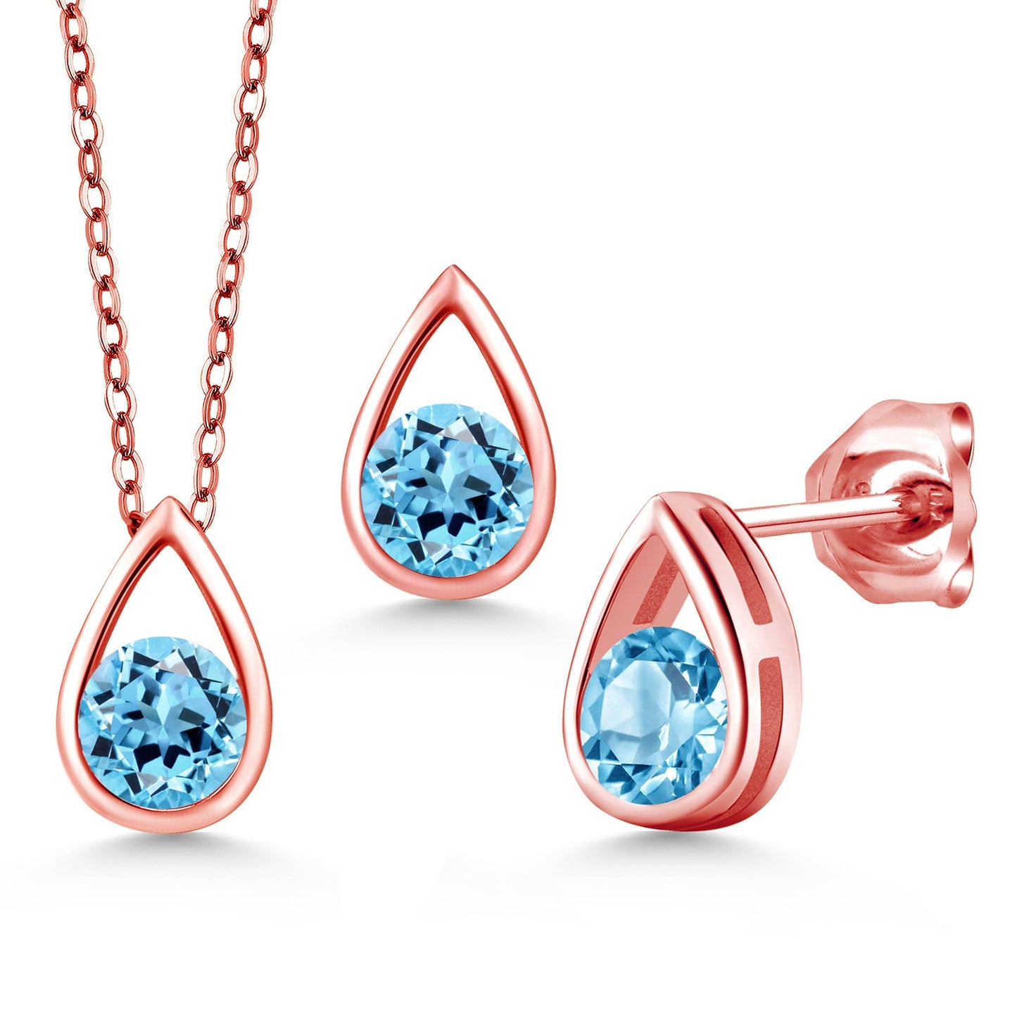 18K Rose Gold Plated Silver 5MM Round Gemstone Birthstone Teardrop Pendant Earrings Set | Jewelry Set for Women | With 18 Inch Chain