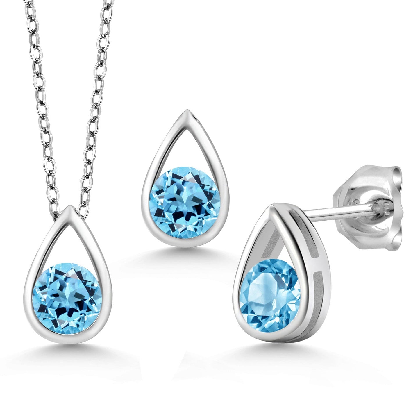 925 Sterling Silver 5MM Round Gemstone Birthstone Teardrop Pendant Earrings Set | Jewelry Set for Women | With 18 Inch Silver Chain