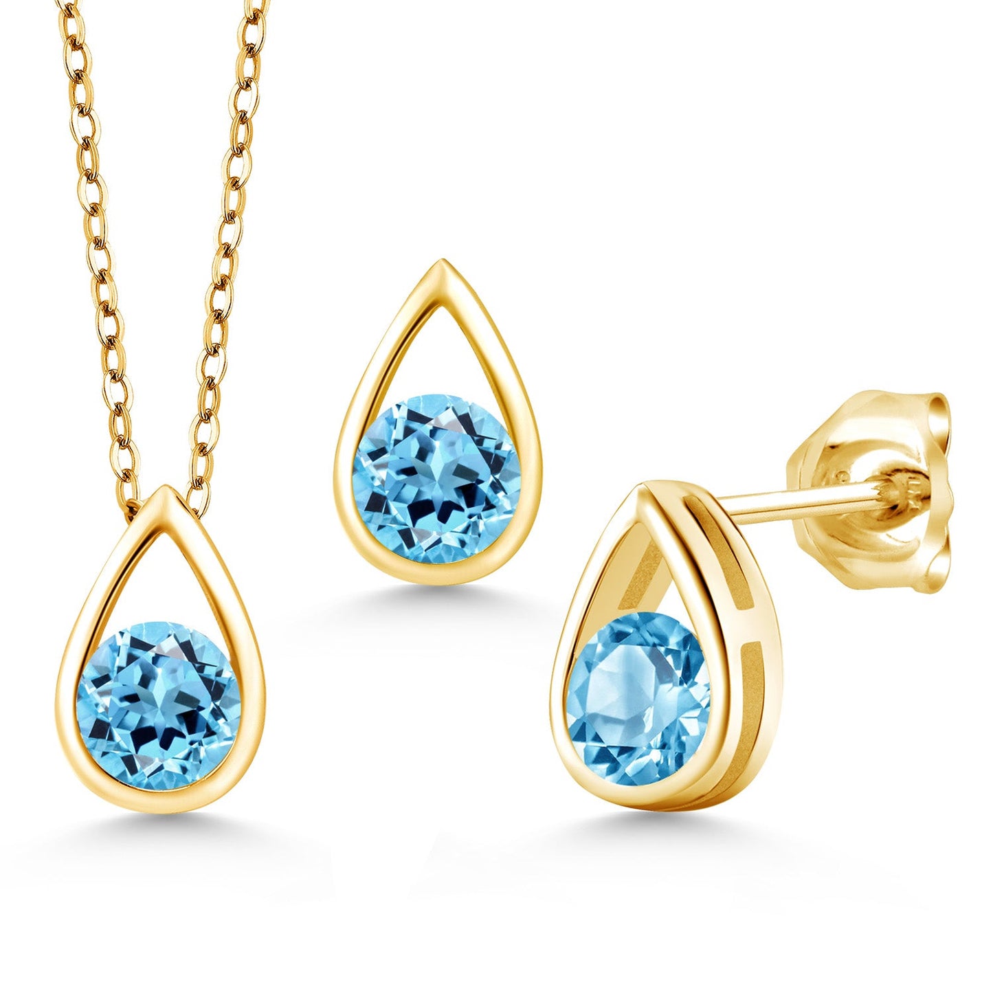 18K Yellow Gold Plated Silver 5MM Round Gemstone Birthstone Teardrop Pendant Earrings Set | Jewelry Set for Women | With 18 Inch Chain